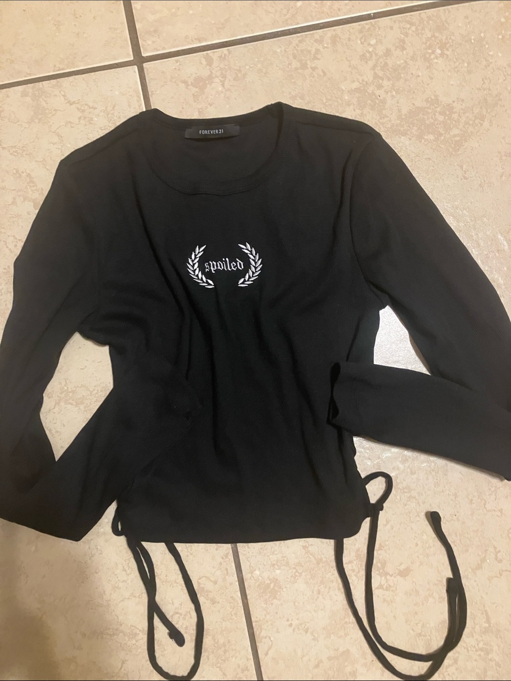 Forever 21 Black Ribbed Long Sleeve Top with 'spoiled' Embroidery